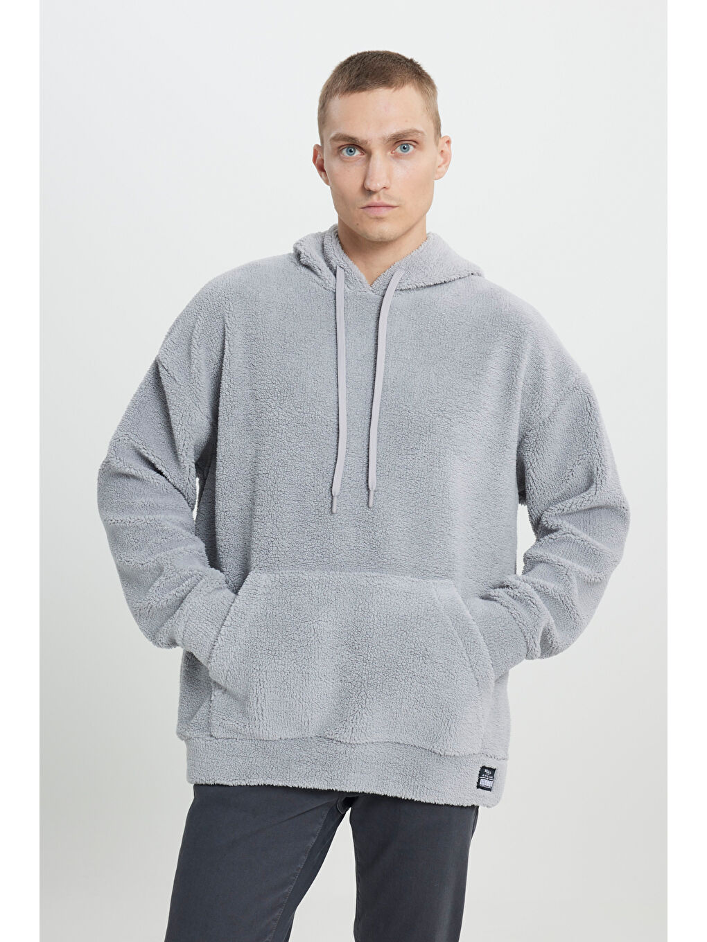 Erkek Açık Gri Oversize Bol Kesim Kapüşonlu Polar-2