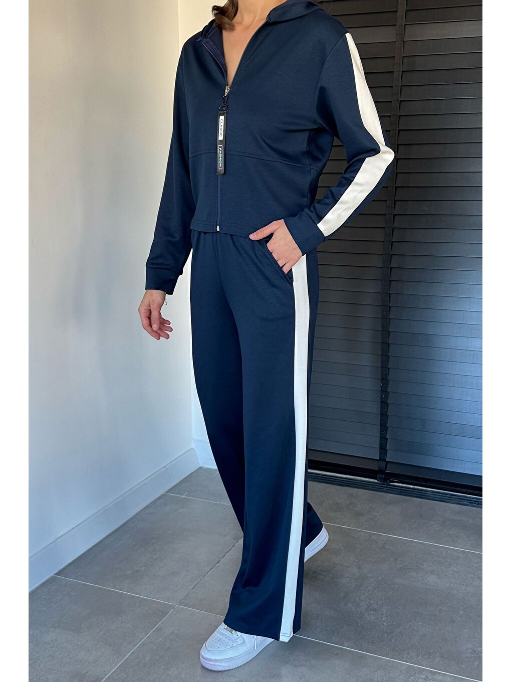 Lacivert Kadın Kapüşonlu Fermuarlı Sweat Pantolon İkili Takım