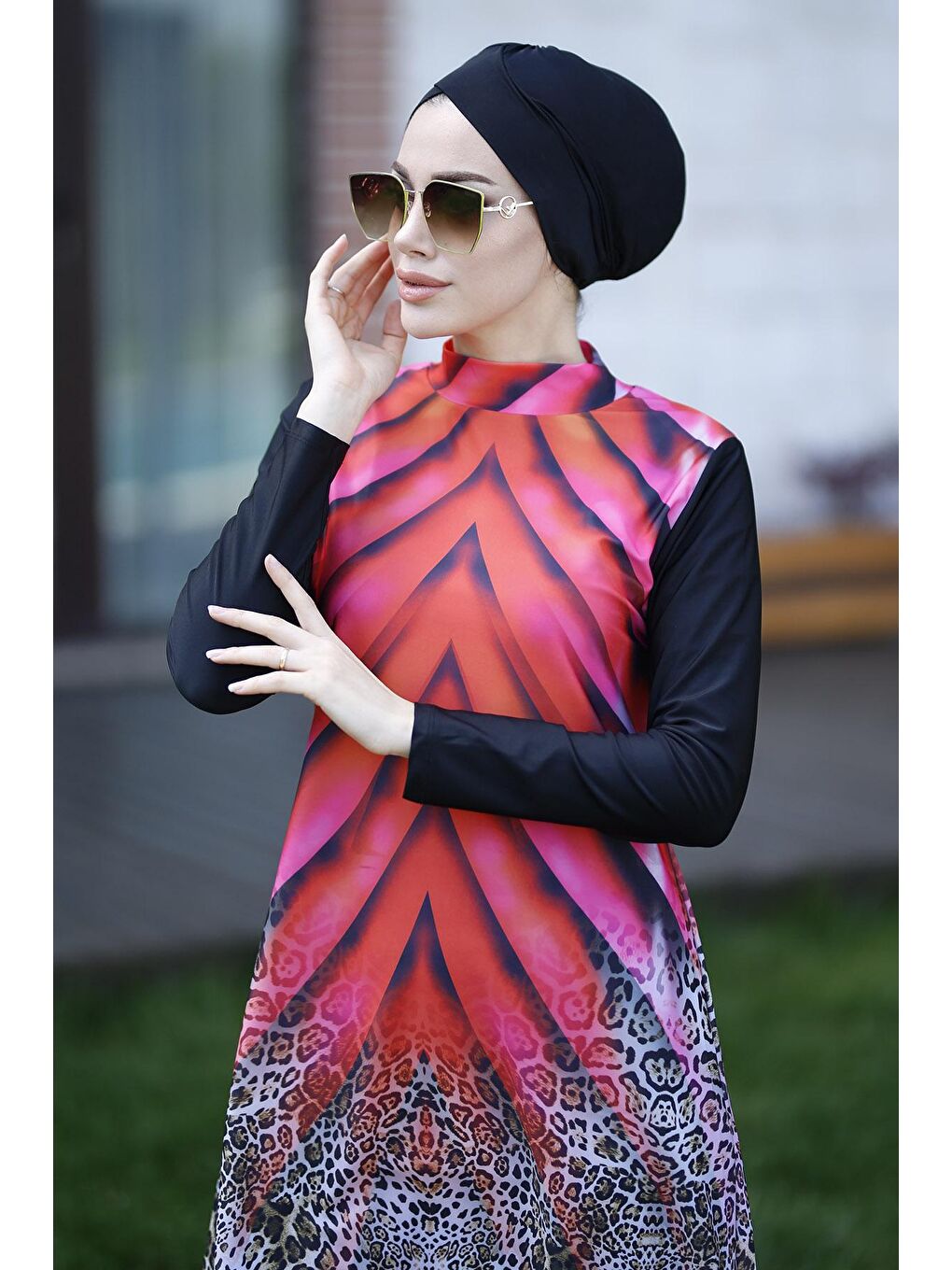 Tasarım Tam Kapalı Tesettür Mayo Kırmızı Leopar 900-119-1