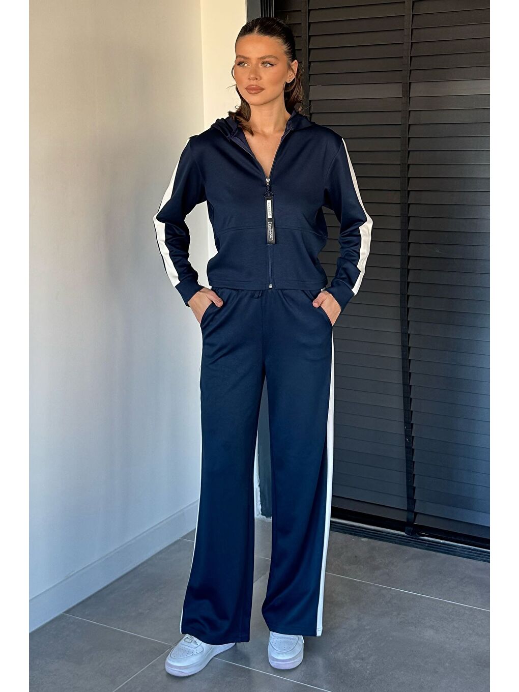 Lacivert Kadın Kapüşonlu Fermuarlı Sweat Pantolon İkili Takım-1
