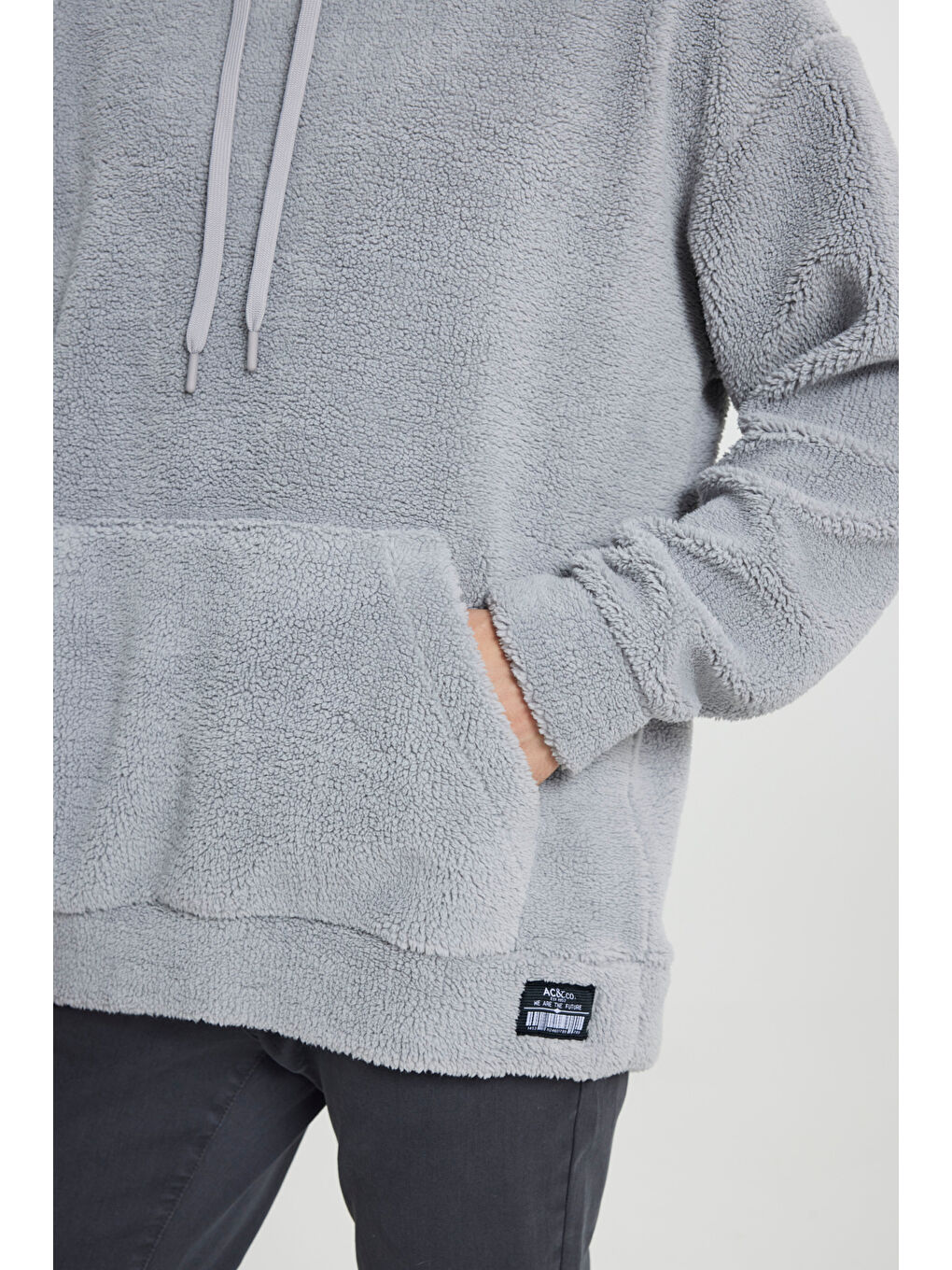 Erkek Açık Gri Oversize Bol Kesim Kapüşonlu Polar-4