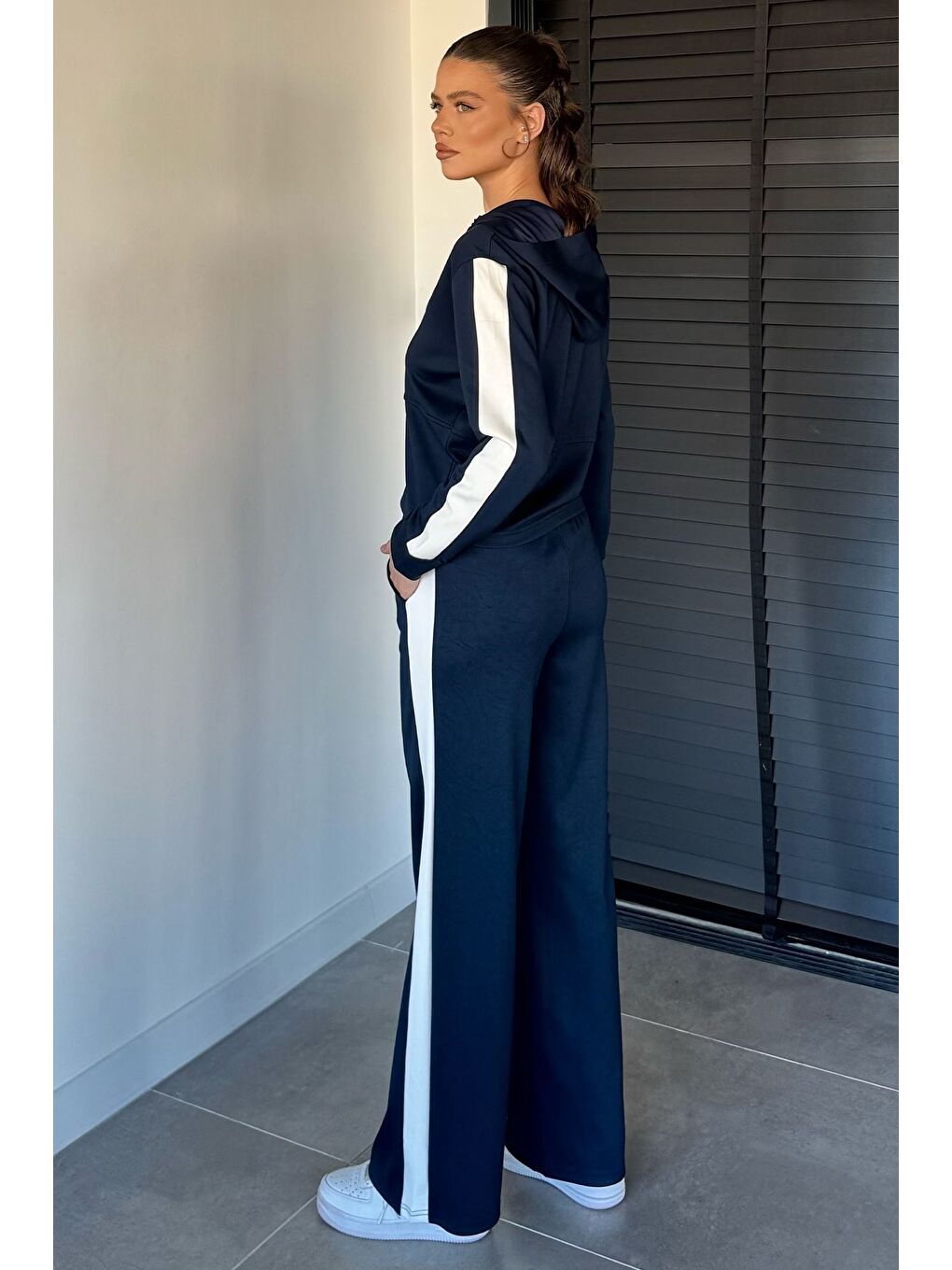 Lacivert Kadın Kapüşonlu Fermuarlı Sweat Pantolon İkili Takım-2