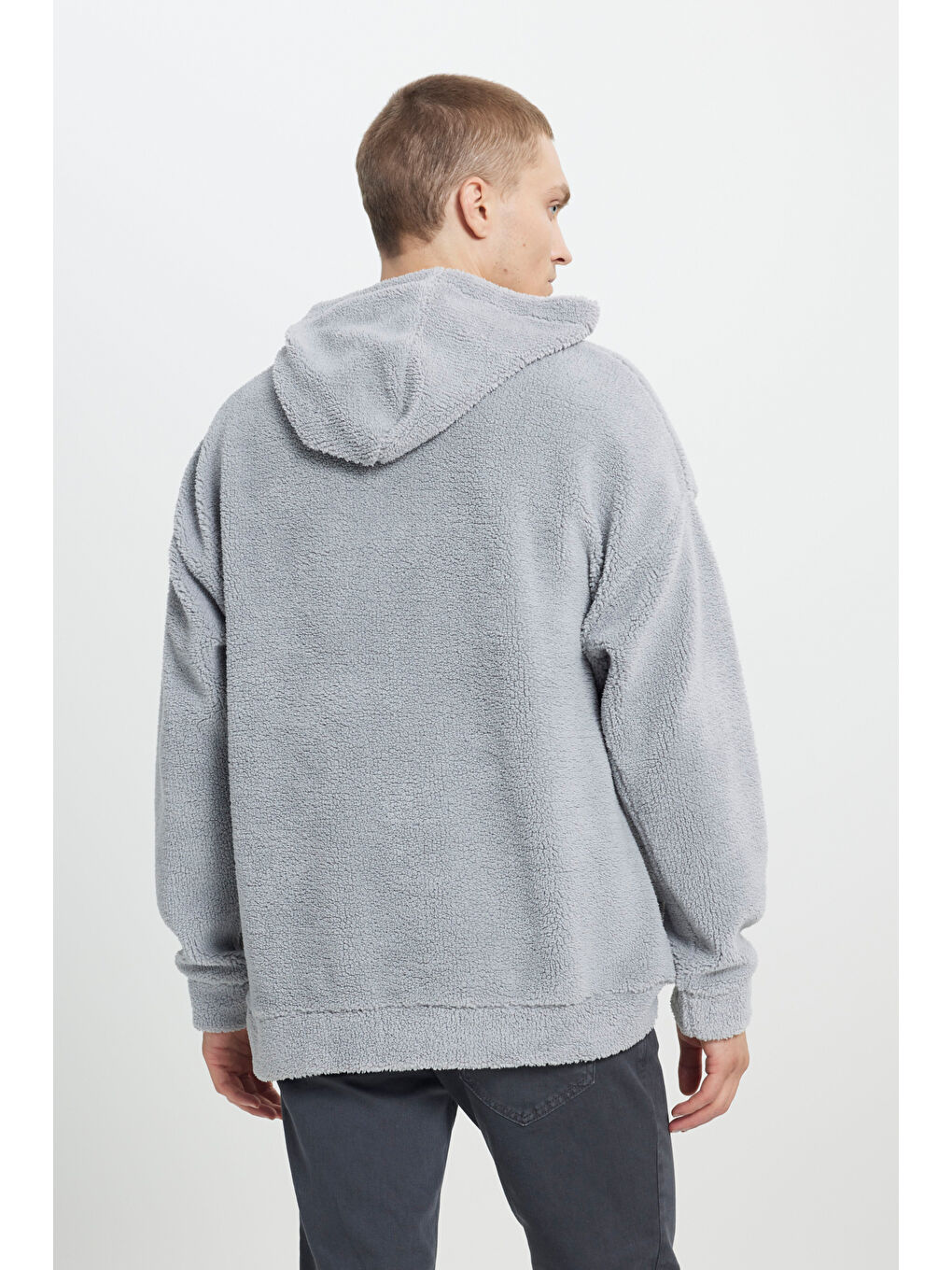 Erkek Açık Gri Oversize Bol Kesim Kapüşonlu Polar-5