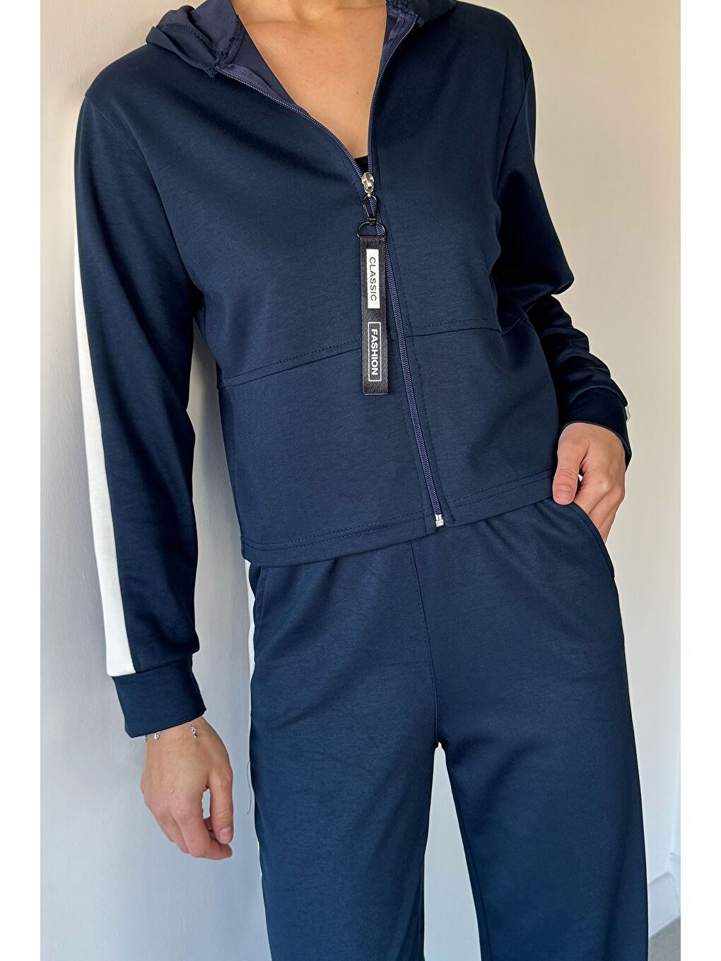 Lacivert Kadın Kapüşonlu Fermuarlı Sweat Pantolon İkili Takım-3
