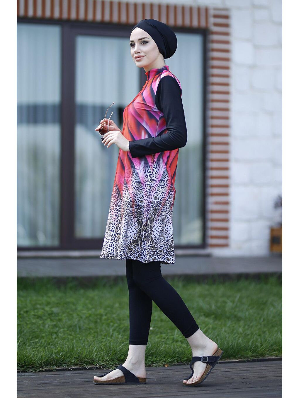 Tasarım Tam Kapalı Tesettür Mayo Kırmızı Leopar 900-119-3