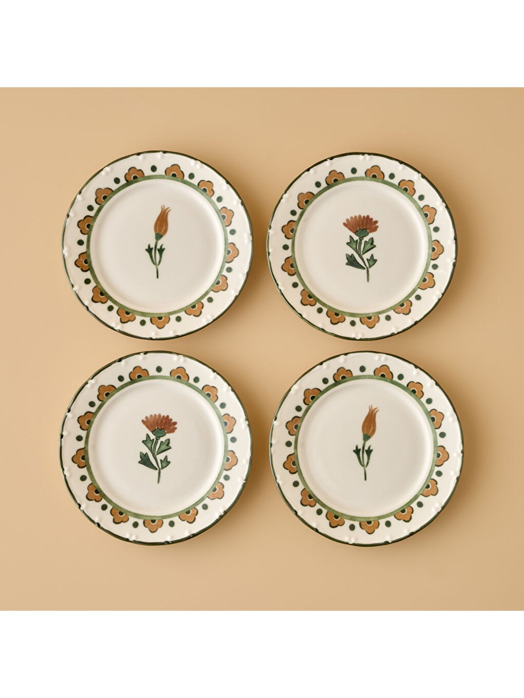 Karışık Tulip Porselen 4'lü Pasta Tabağı Seti (19 cm)