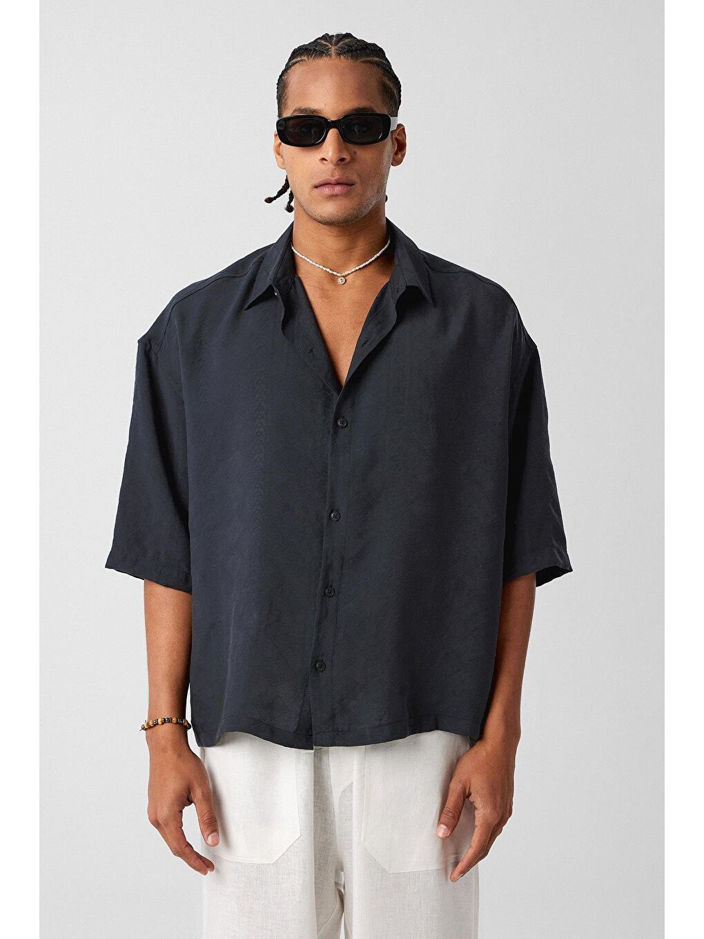 Oversize Kısa Kol Modal Kumaş Gömlek Siyah