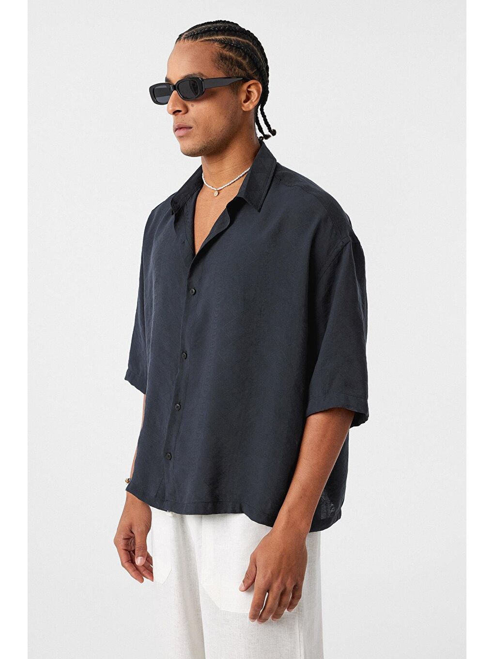 Oversize Kısa Kol Modal Kumaş Gömlek Siyah-1