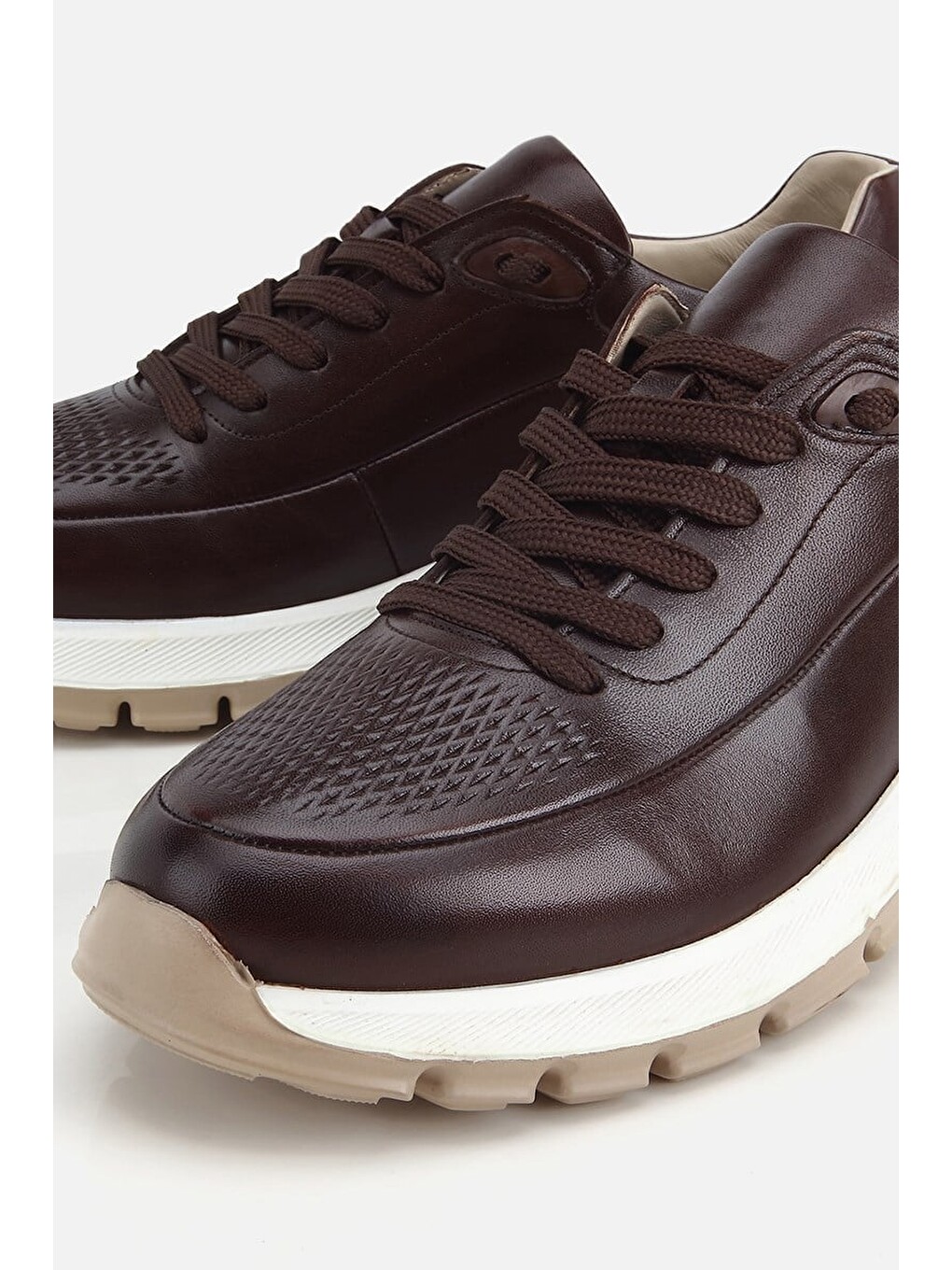 Erkek Kahverengi Deri Kontrast Tabanlı Bağcıklı Sneaker-2