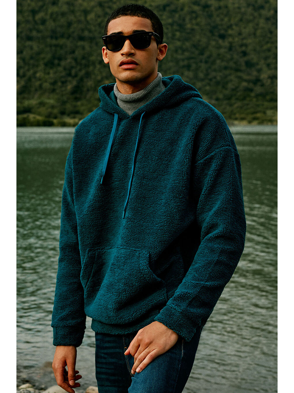 Erkek Petrol Oversize Bol Kesim Kapüşonlu Polar