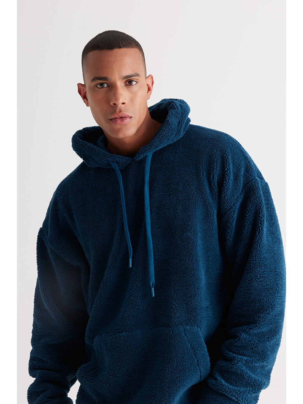 Erkek Petrol Oversize Bol Kesim Kapüşonlu Polar-1