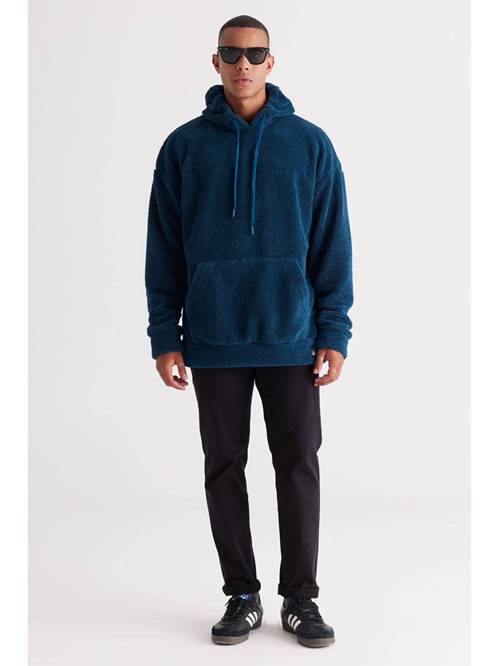 Erkek Petrol Oversize Bol Kesim Kapüşonlu Polar-2