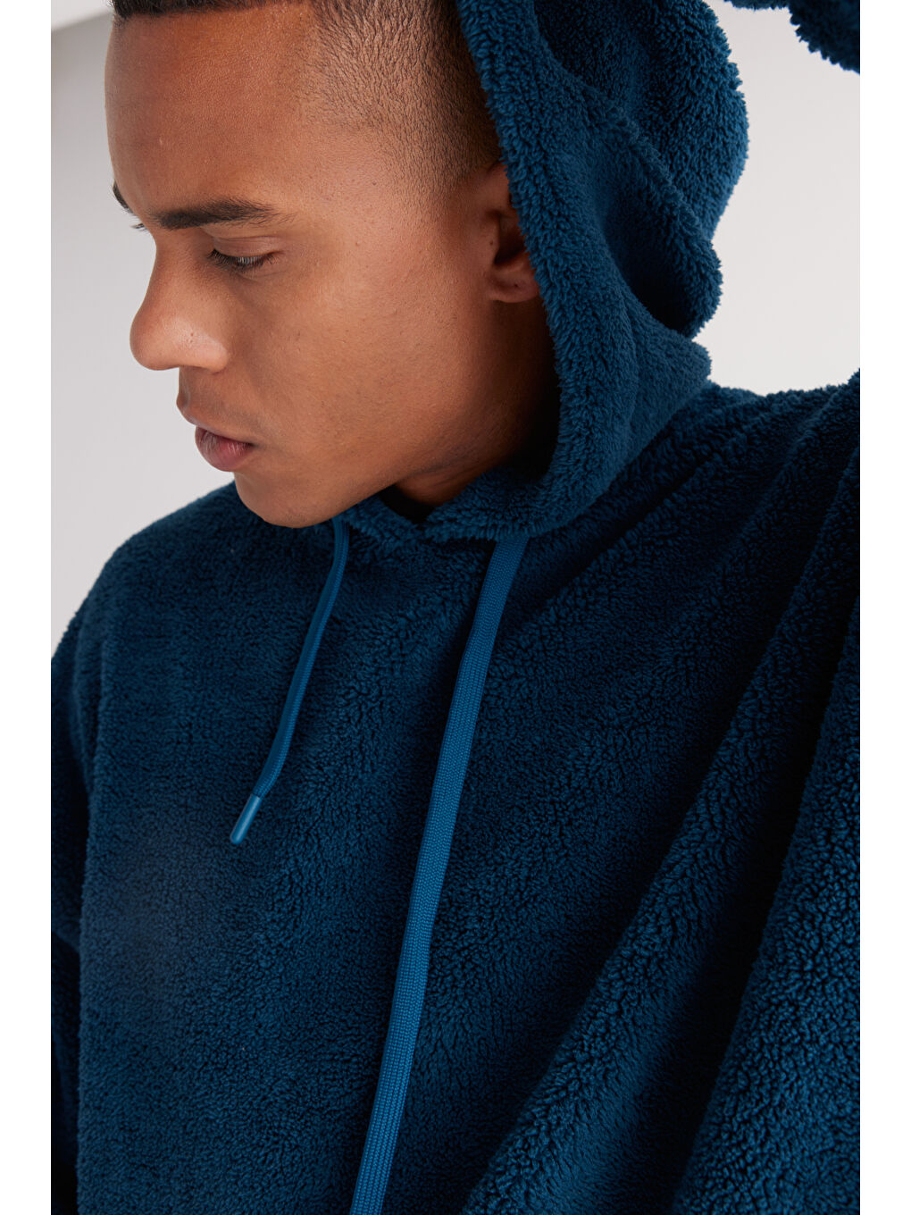 Erkek Petrol Oversize Bol Kesim Kapüşonlu Polar-4