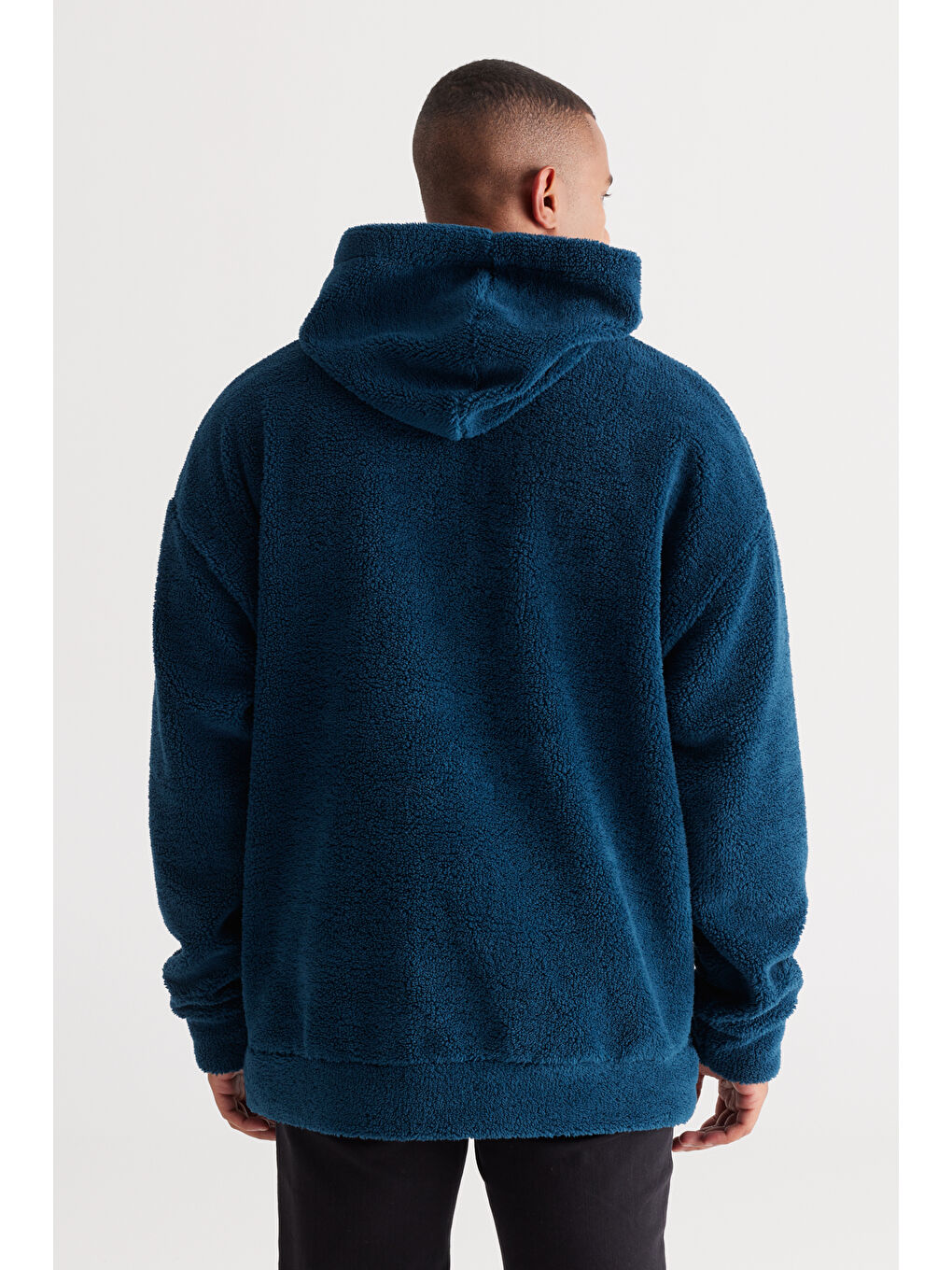 Erkek Petrol Oversize Bol Kesim Kapüşonlu Polar-5