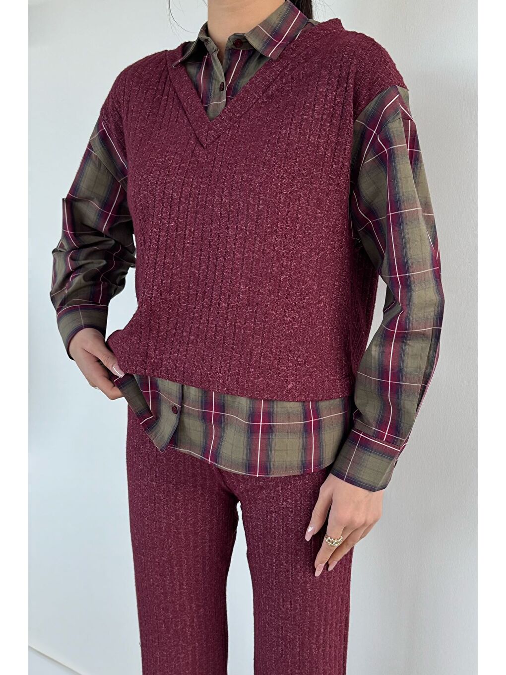 Bordo Kadın Süveter Garnili Ekose Desenli Gömlek Bel Lastikli Pantolon İkili Takım