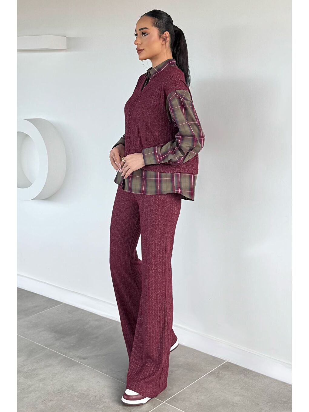 Bordo Kadın Süveter Garnili Ekose Desenli Gömlek Bel Lastikli Pantolon İkili Takım-1