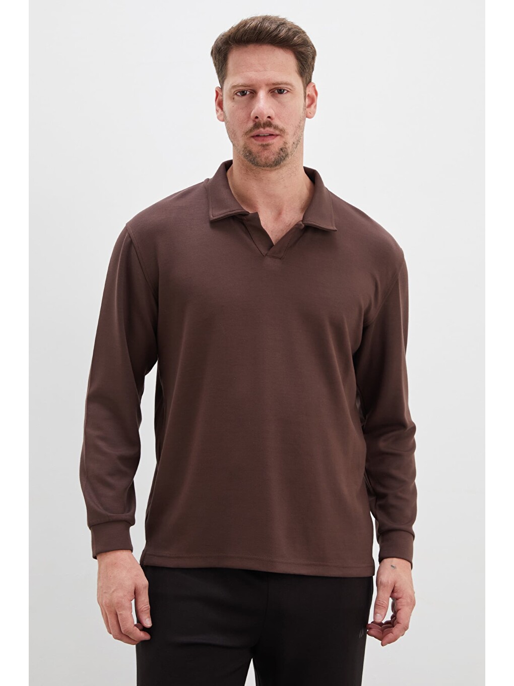 Kahverengi Basic Apaş Yaka Modal Sweatshirt