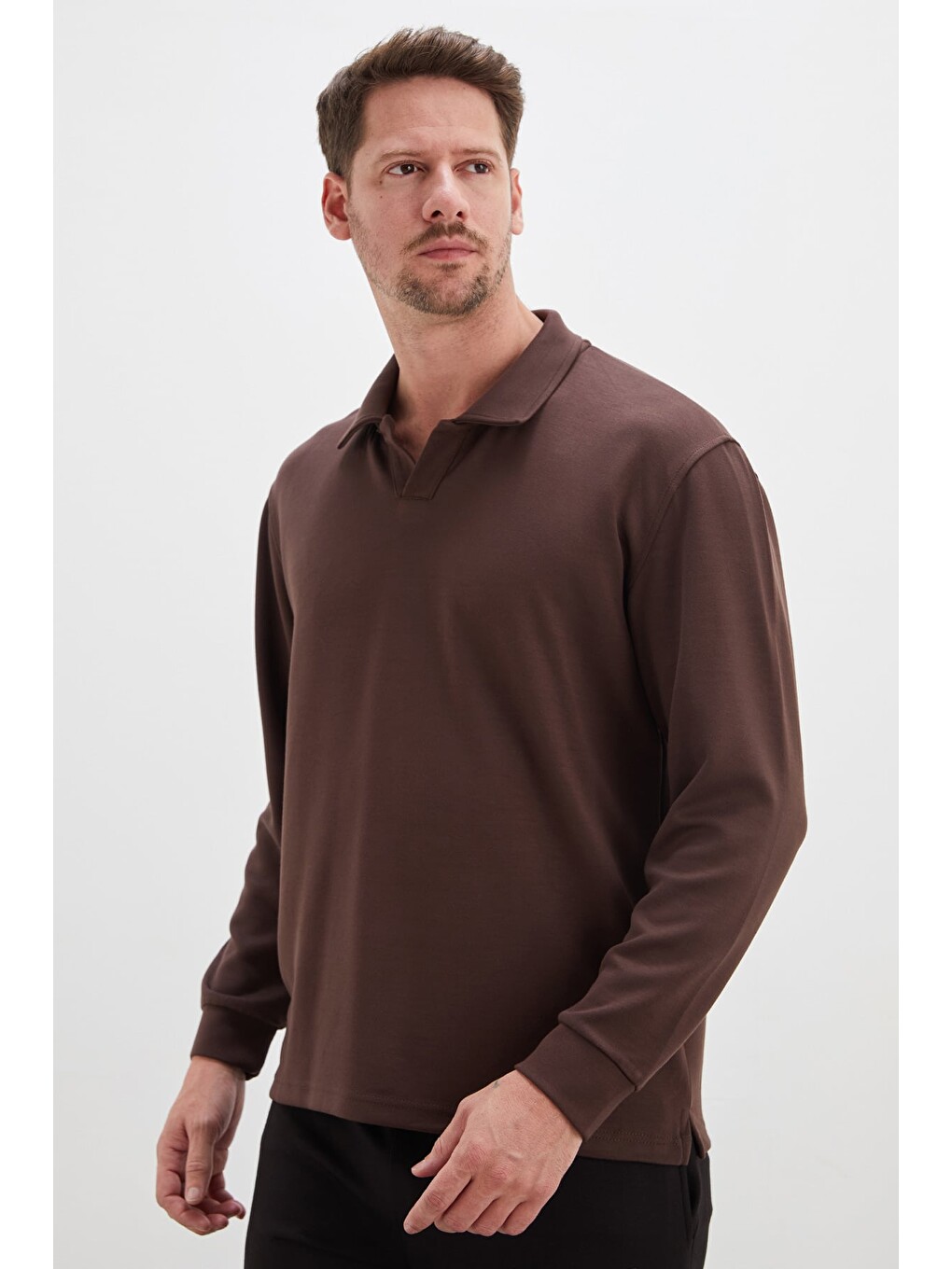 Kahverengi Basic Apaş Yaka Modal Sweatshirt-1