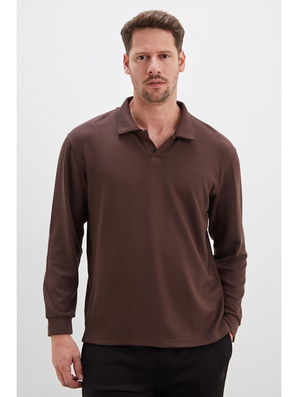 Kahverengi Basic Apaş Yaka Modal Sweatshirt-2