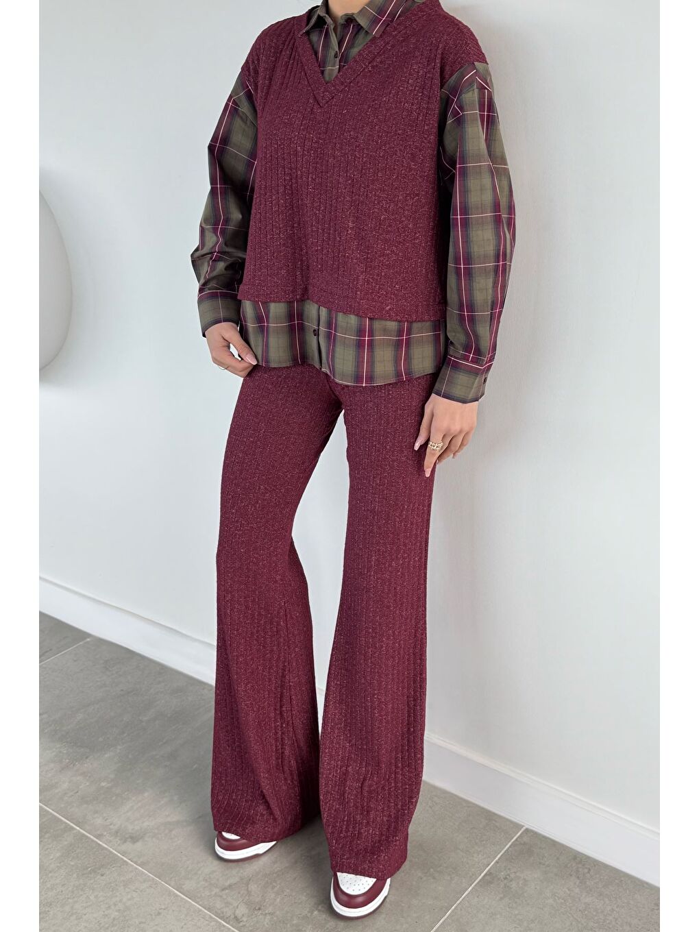 Bordo Kadın Süveter Garnili Ekose Desenli Gömlek Bel Lastikli Pantolon İkili Takım-2