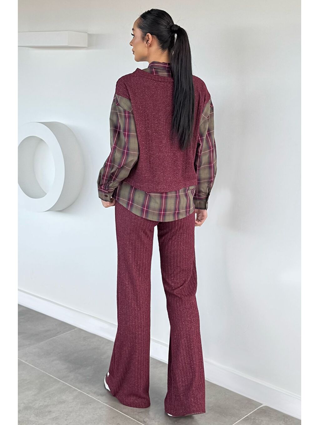 Bordo Kadın Süveter Garnili Ekose Desenli Gömlek Bel Lastikli Pantolon İkili Takım-3