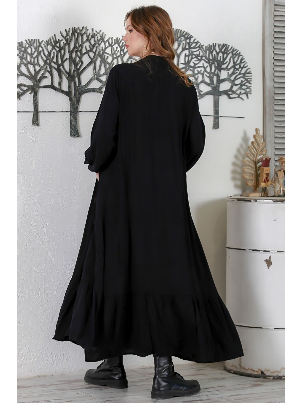 Siyah Hakim Yaka 3/4 Kol Düğmeli Nakışlı Casual Oversize Dokuma Elbise 140 58-7