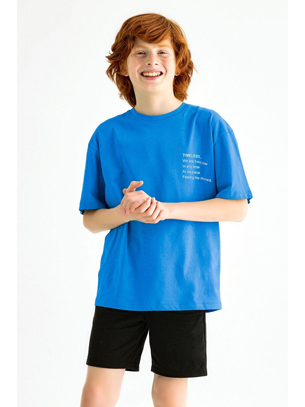 Bisiklet Yaka Kısa Kol Timeless Baskılı Mavi Renk Erkek Çocuk Tshirt-1
