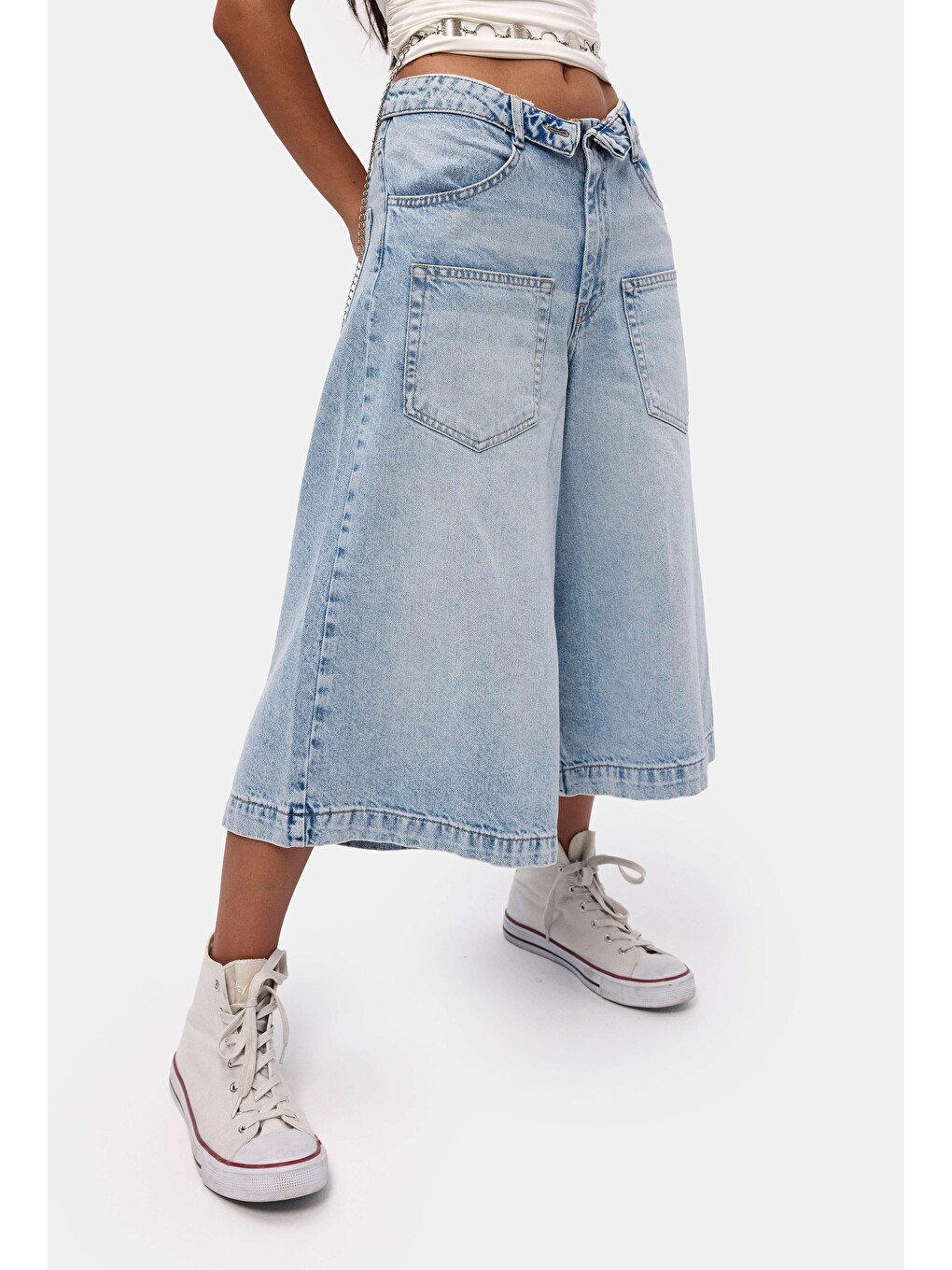 Kadın Mavi 4s6-3 Süper Baggy Fit Kemer Detaylı Maxi Boy Denim Jort-1