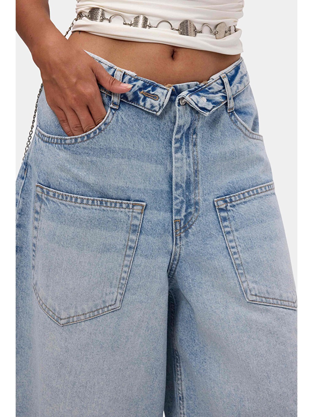 Kadın Mavi 4s6-3 Süper Baggy Fit Kemer Detaylı Maxi Boy Denim Jort-2