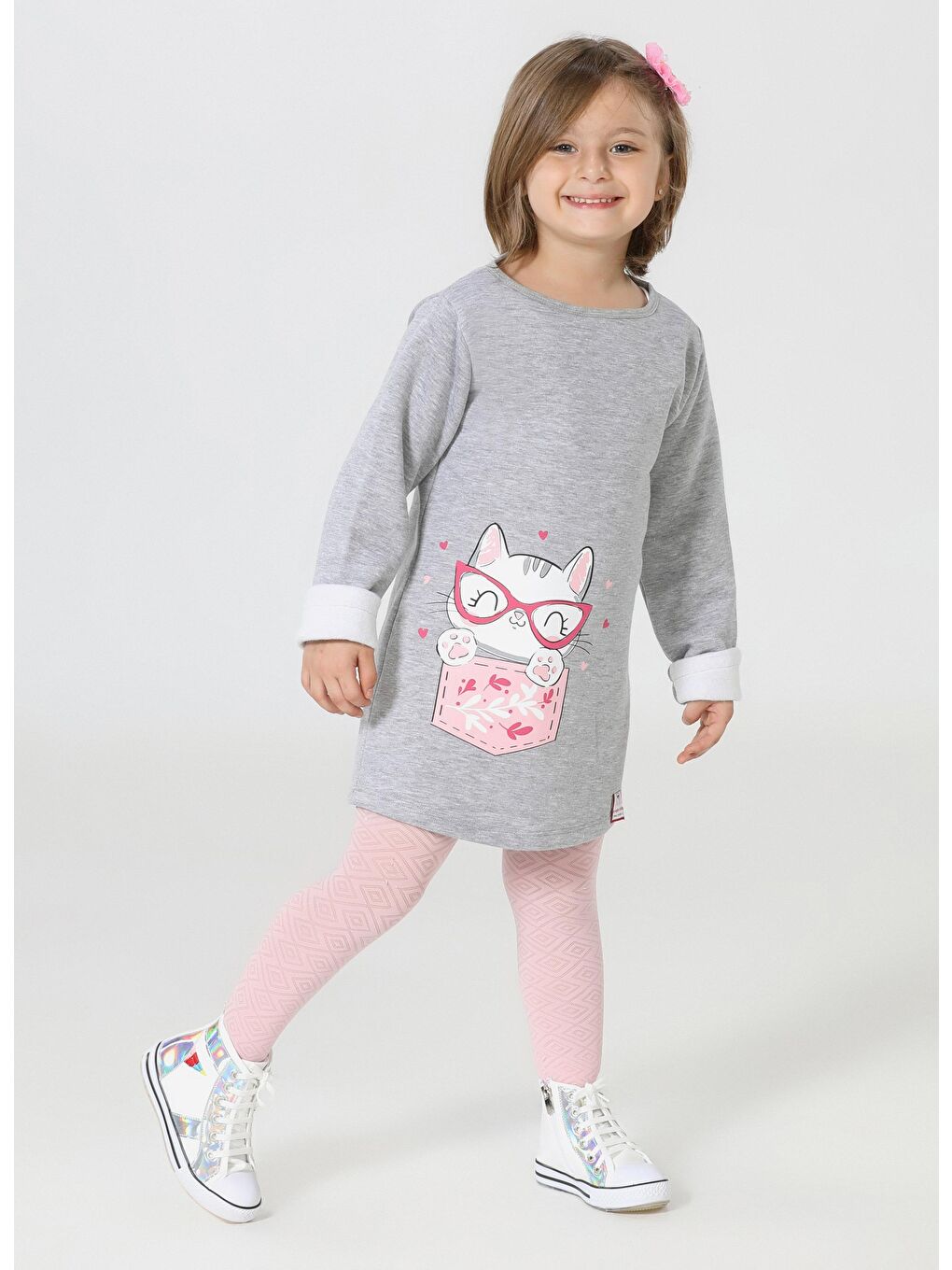 Gri Kedi Cepli Kız Çocuk Elbise