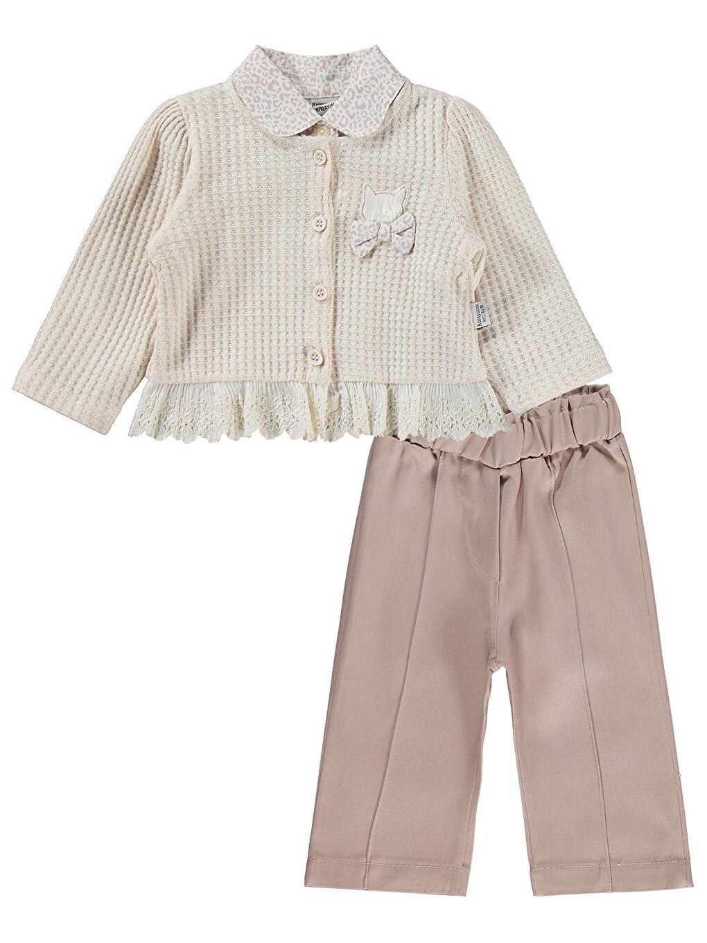Leopar Gömlek Dantelli Hırka 3 Lü 6-18 Ay Takım - Bej 6-9 Ay