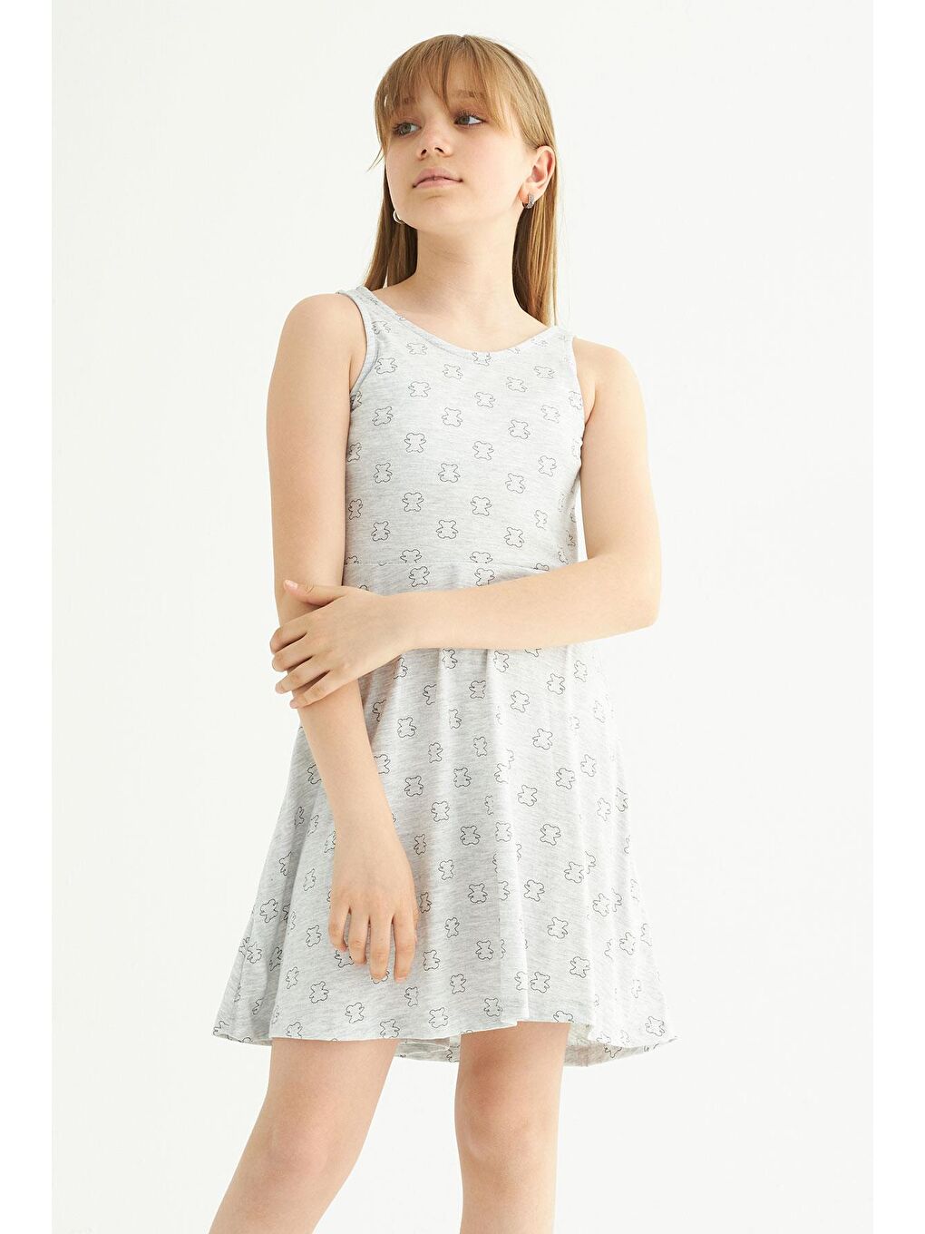 Gri Yuvarlak Yaka Kız Çocuk Elbise-1