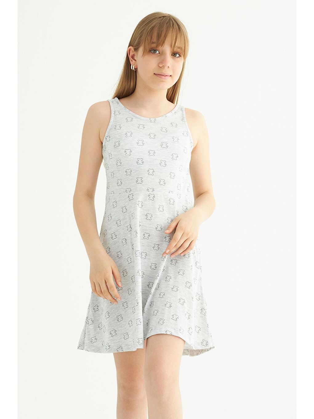 Gri Yuvarlak Yaka Kız Çocuk Elbise-3