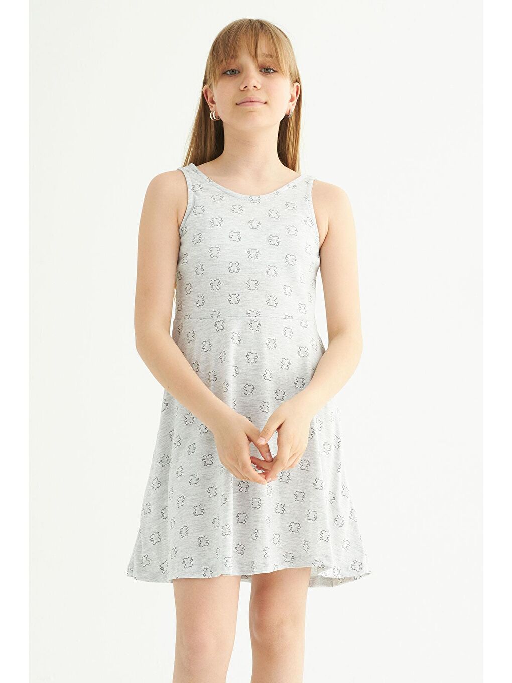 Gri Yuvarlak Yaka Kız Çocuk Elbise-4