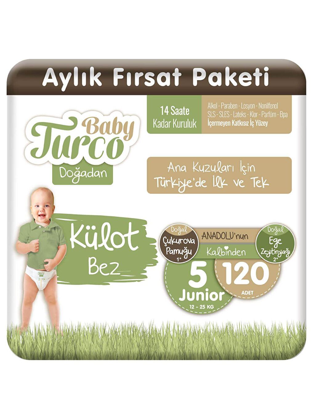 Baby Turco Renksiz Doğadan Külot Bez 5 Numara Junıor 120 Adet