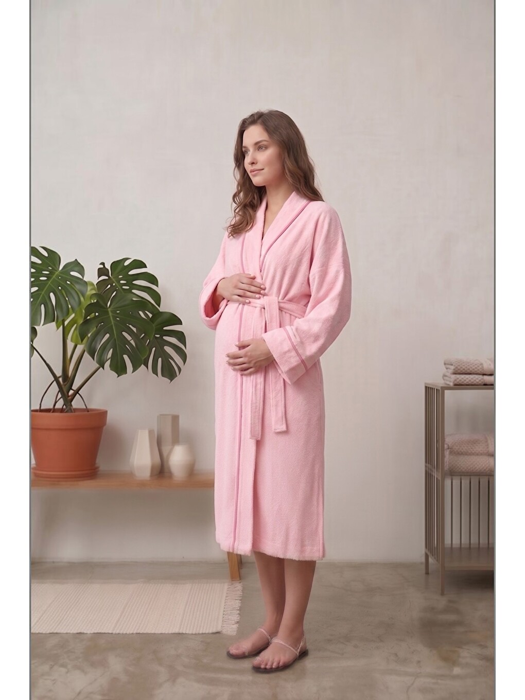 Pembe %100 Pamuk Havlu Kumaş Kuşaklı Hamile Ve Lohusa Elbisesi-2
