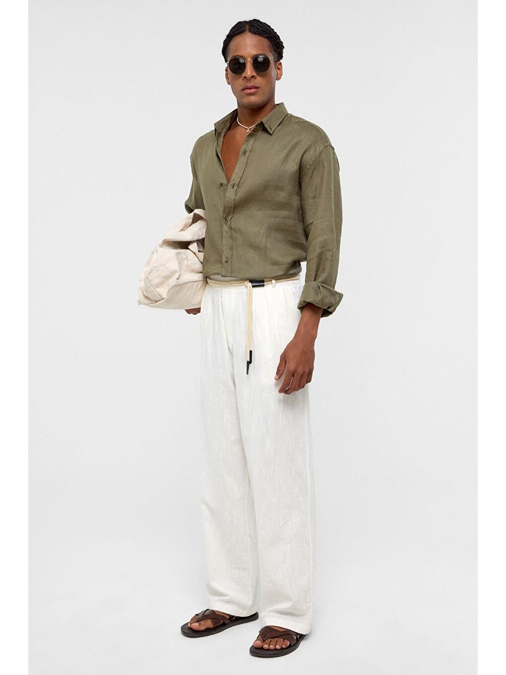 %100 Keten Oversize Uzun Kollu Gömlek Haki