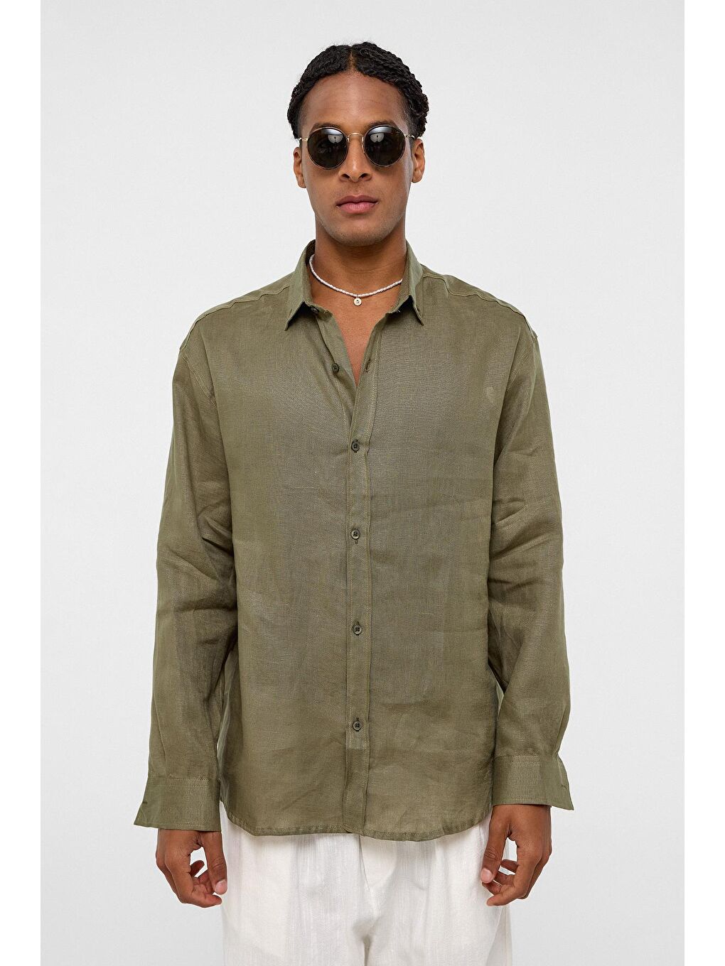 %100 Keten Oversize Uzun Kollu Gömlek Haki-1