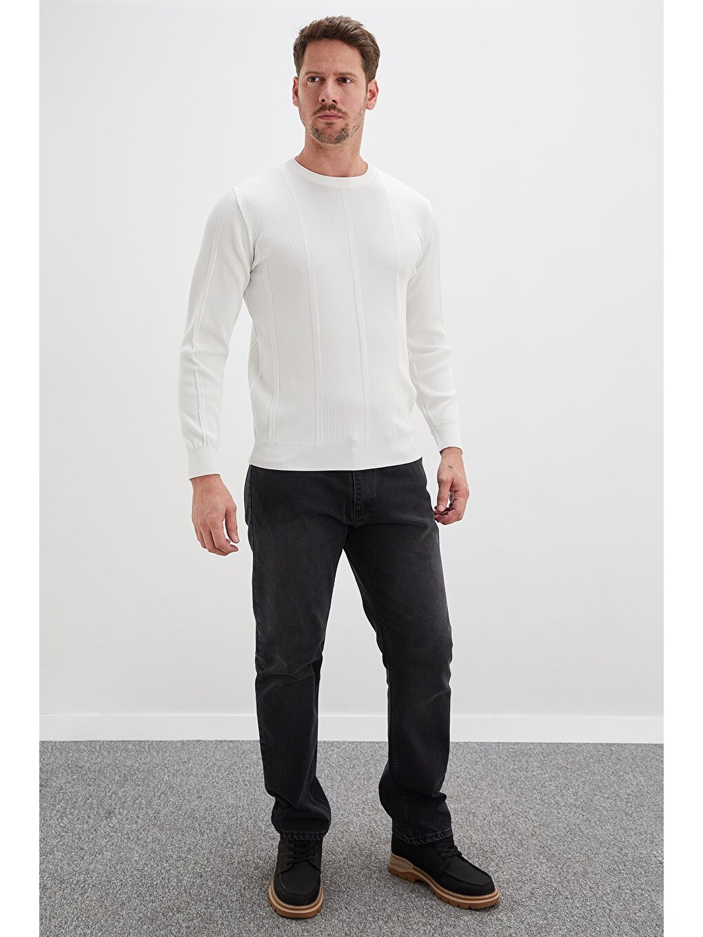 Ekru Fitilli Bisiklet Yaka Regular Fit Triko Kazak-3