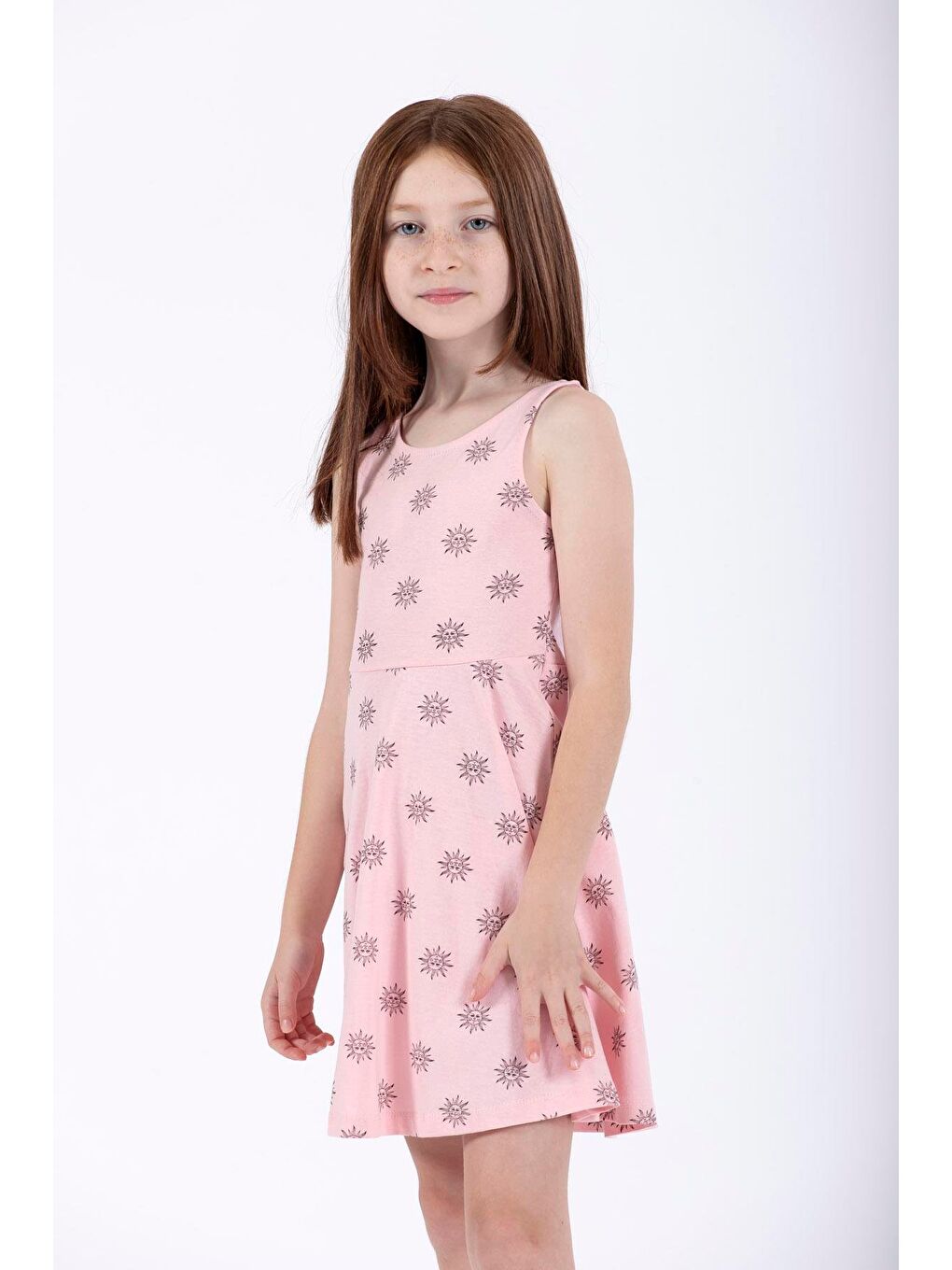 Pembe Yuvarlak Yaka Kız Çocuk Elbise-3