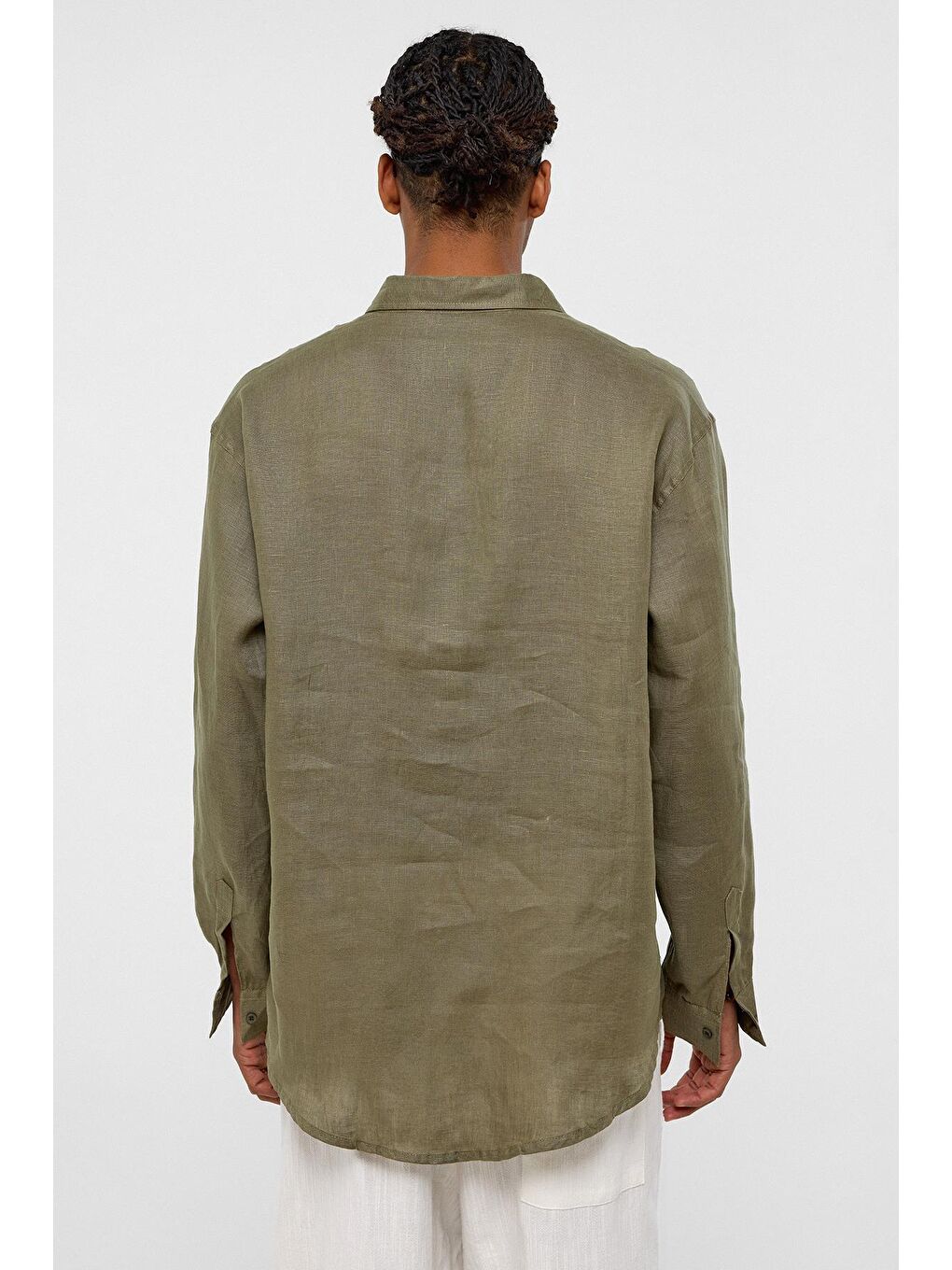 %100 Keten Oversize Uzun Kollu Gömlek Haki-3