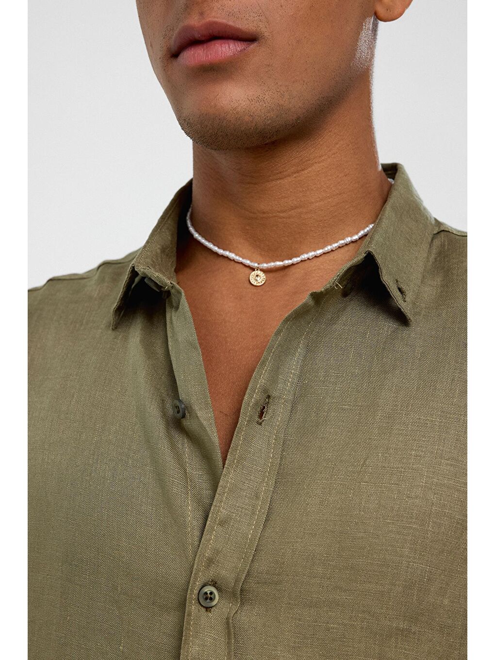 %100 Keten Oversize Uzun Kollu Gömlek Haki-4