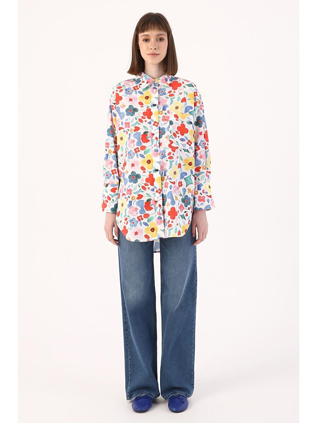 Karışık Çok Renkli %100 Pamuk Desenli Gömlek Tunik-1