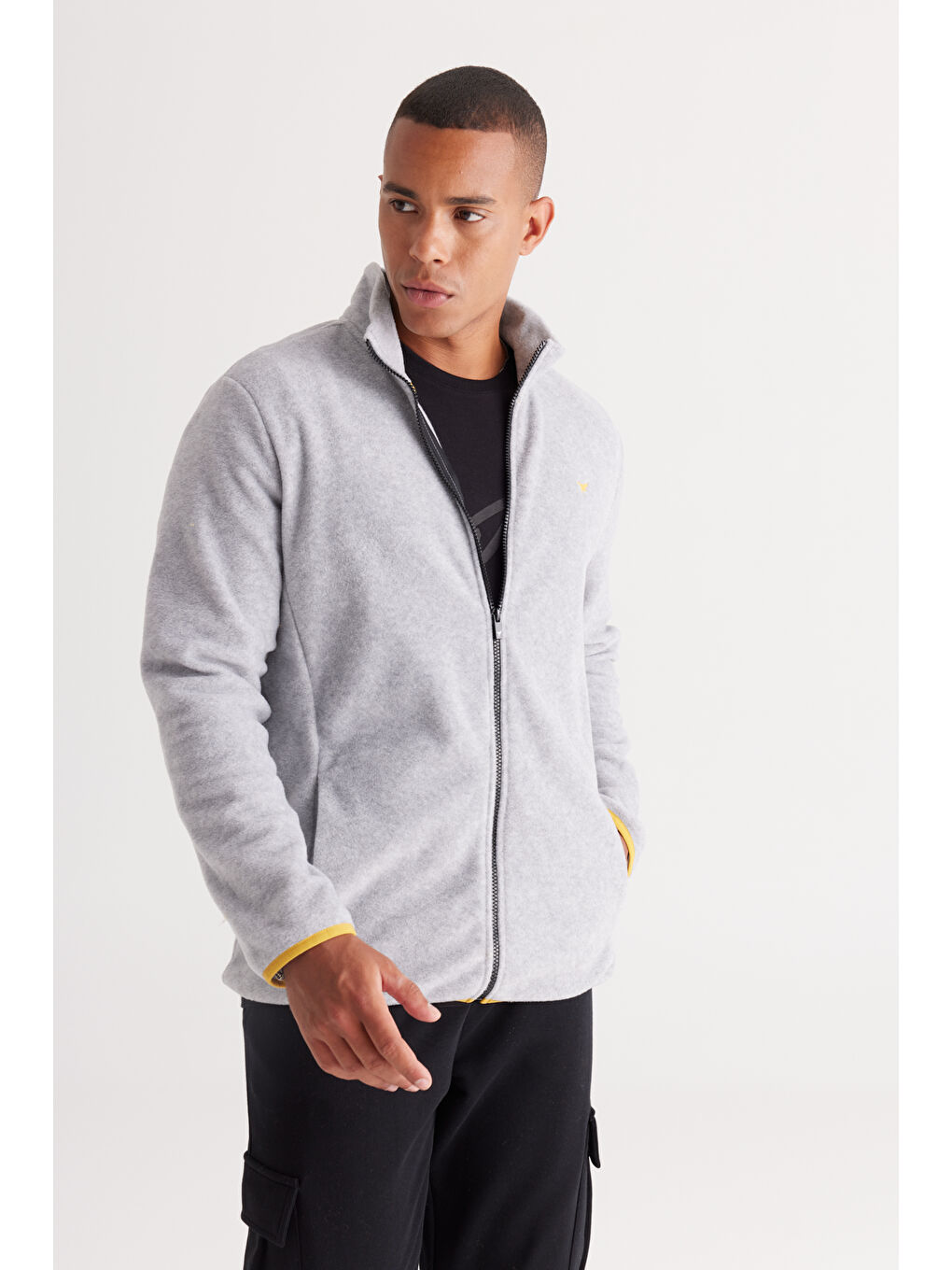 Gri Melanj Standart Fit Normal Kesim Dik Yaka Erkek Polar Fermuarlı Sweatshirt Hırka