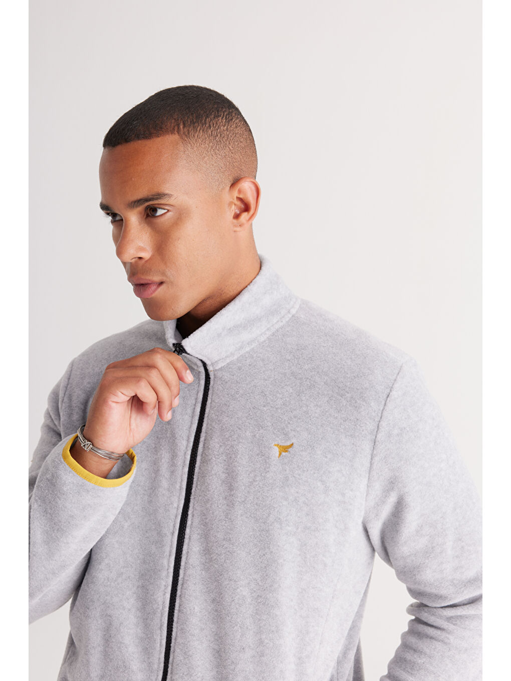 Gri Melanj Standart Fit Normal Kesim Dik Yaka Erkek Polar Fermuarlı Sweatshirt Hırka-3