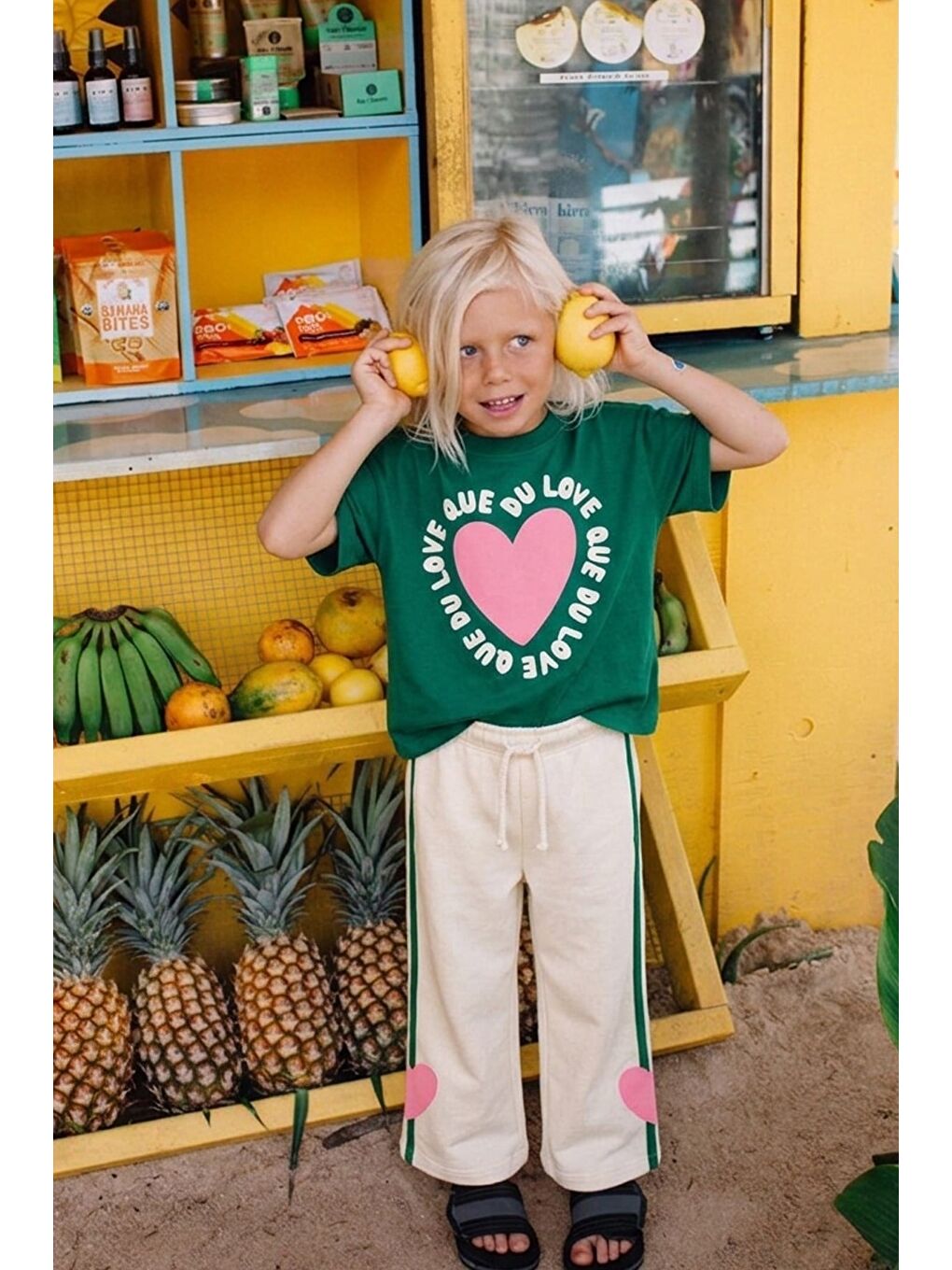 Kız Çocuk Pamuklu Yeşil Baskılı T-Shirt Ve Paçasında Kalp Detaylı Alt Üst Takım-1