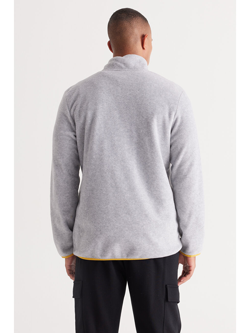 Gri Melanj Standart Fit Normal Kesim Dik Yaka Erkek Polar Fermuarlı Sweatshirt Hırka-4