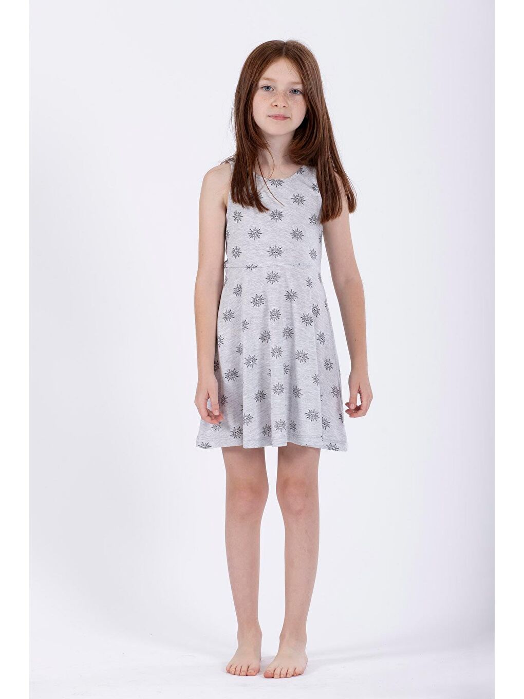 Gri Yuvarlak Yaka Kız Çocuk Elbise