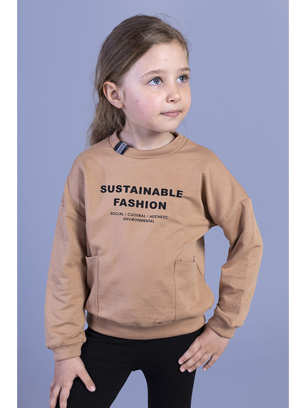 Toontoykids Kahverengi Kız Çocuk Cep Detaylı Baskılı Sweatshirt