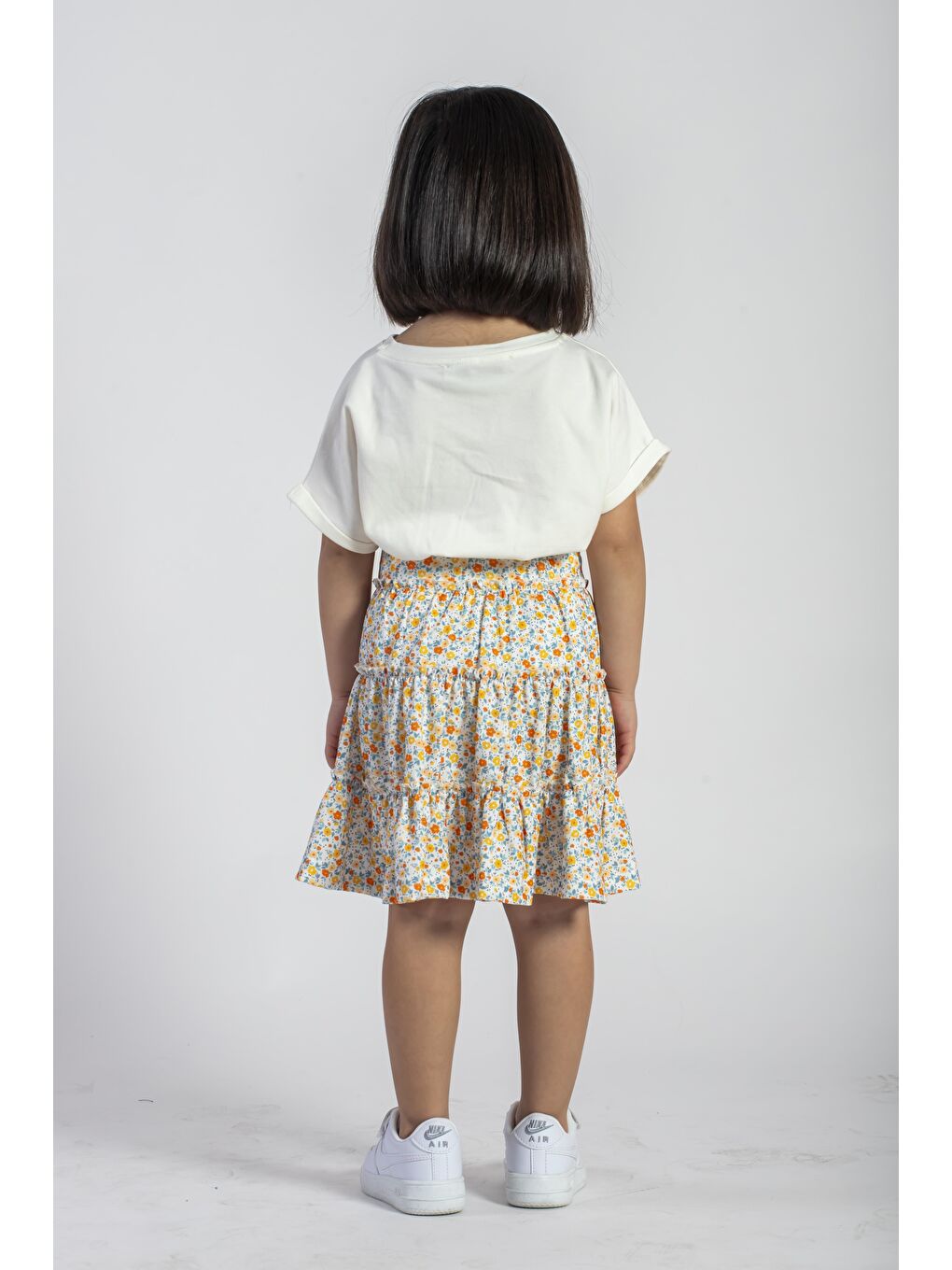 Beli Lastikli Duble Kol Çiçekli Sarı Renk Kız Çocuk Etekli Takım-4